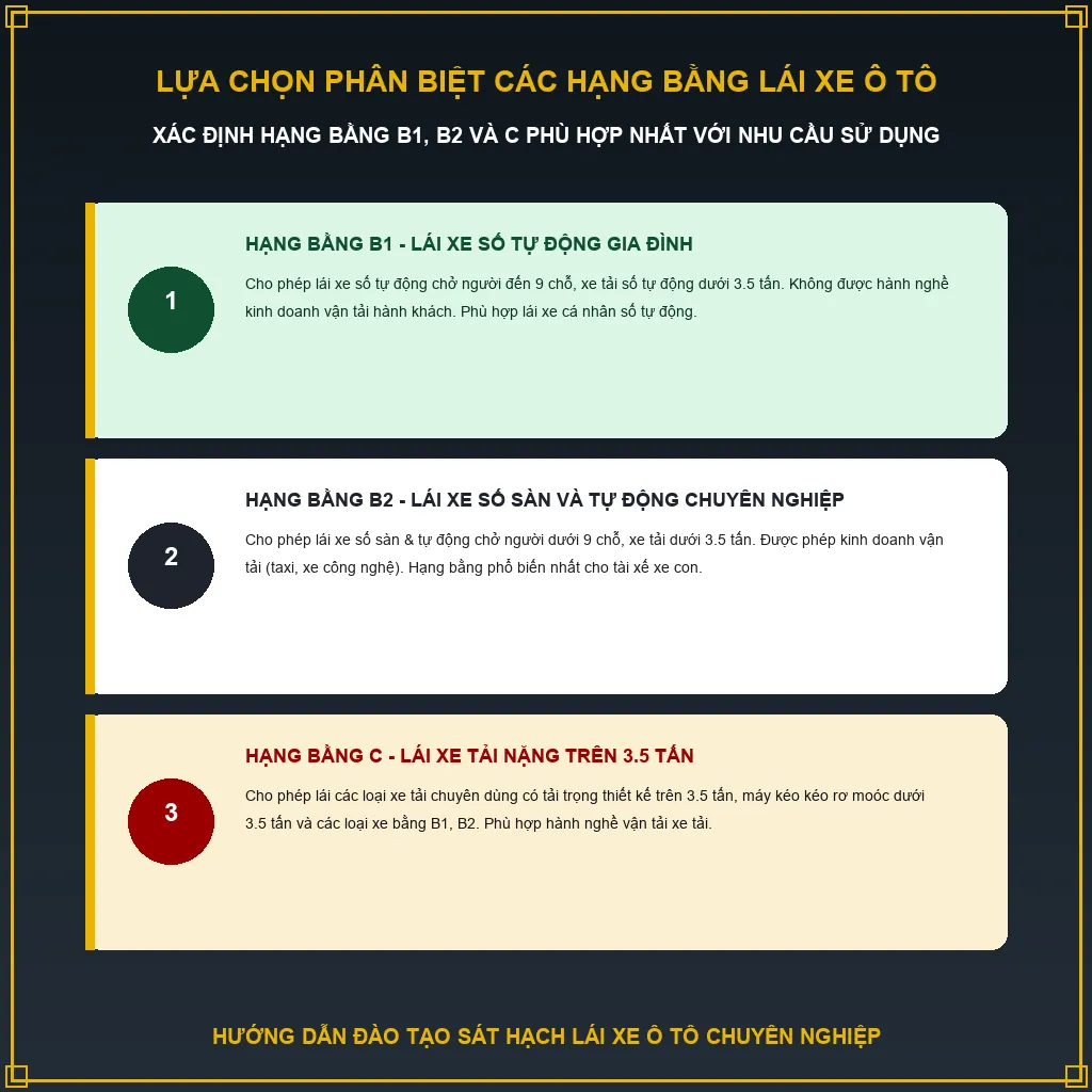 Học lái xe ô tô cho người mới bắt đầu: 5 bước từ số 0 đến tự tin cầm lái 2 Bước 1: Xác định hạng bằng lái xe phù hợp với nhu cầu sử dụng